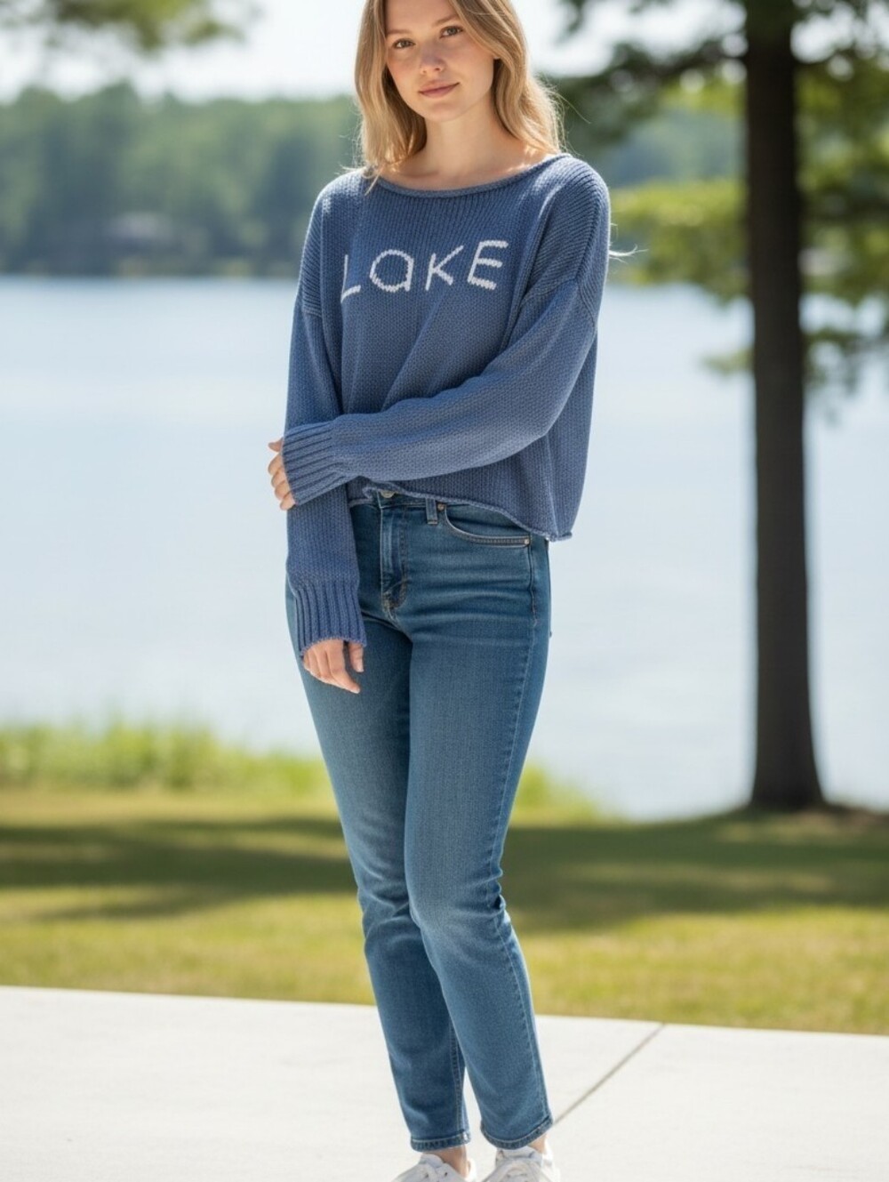 Wooden Ships Blue Lake Gtaphic Knit Pullover Lightweight Sweater